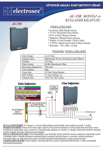 Electrosec Ac-35r Rfid Bağımsız Kart Okuyucu