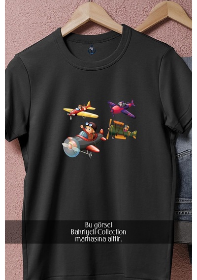 Oversize Airplane Aircraft Flight Illustration Cartoon Tasarımlı Unisex T-shirt Siyah