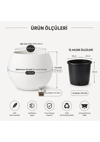 Zevli Dekoratif 27l Küre Saksı Ø35 Cm Beton Görünümlü Modern Salon Ve Bahçe Saksısı 1