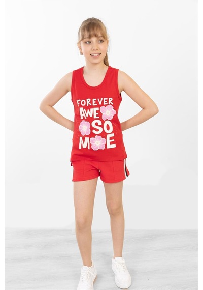 Brz Kids Baskılı Yırtmaçlı Kız Çocuk Sıfır Kol T-shirt-kırmızı Kırmızı