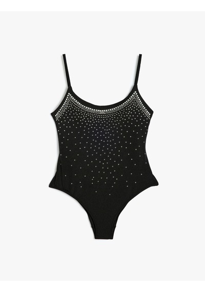 Koton Taşlı Mayo İnce Askılı Slim Fit Astarlı Pedli Siyah 4sak20037mm Siyah