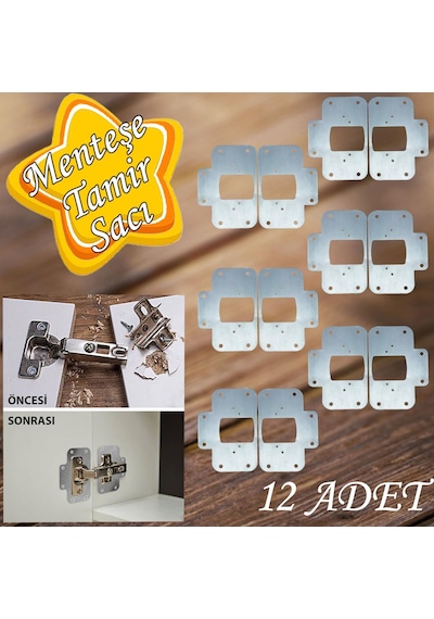 Dolap Kapak Taş Menteşe Tamir Sacı Pratik Onarım Kiti Krom Metal Yuva Tablası 6.5 X 9 Cm 12 Adet