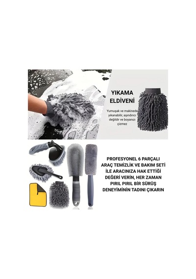 6 Parça Profesyonel Mikrofiber Araç Oto Yıkama Seti Yıkama Eldiveni Jant Lastik Fırçası Toz Fırçası Diğer