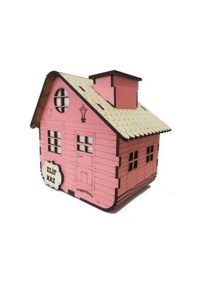Kişiye Özel Dekoratif Ahşap Pembe Dağ Evi Kumbara -Tipbox