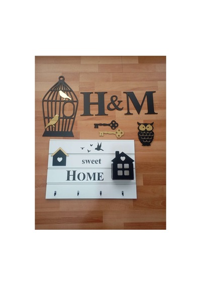 Anahtar Askılığı Ve Duvar Dekorasyon Seti Home Sweet Home H & M Kuş Kafesli Baykuşlu