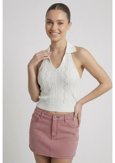 Neden Tekstil Kadın Polo Yaka Sırt Dekolteli Crop Bluz - Beyaz