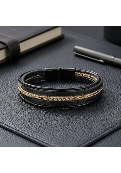 Moncuk Design Gold Çelik Zincir Detaylı Çoklu Deri Erkek Çelik Bileklik 33514b18d1 Çok Renkli