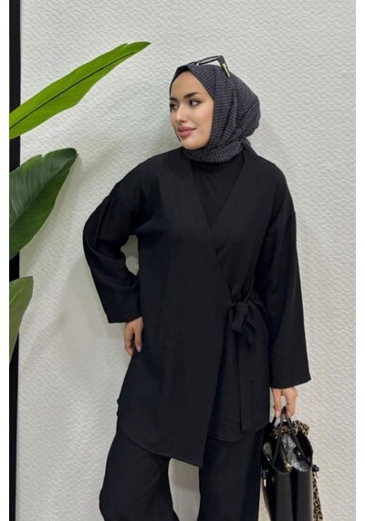 Zerogaprıse Kadın Çapraz Bağlamalı Keten Kimono Tesettür Pantolon Takım Siyah