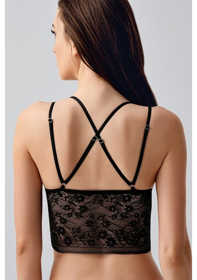 New Bra Çiçek Motifli Uzun Dantel Crop Bralet Siyah 8329