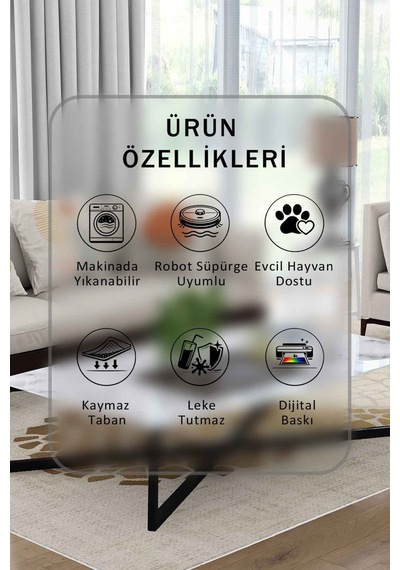 Yıkanabilir Kaymaz Taban Dijital Baskılı Halı Ve Yolluk Leke Tutmaz Salon & Mutfak Halısı - 0469 Krem