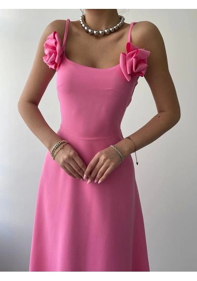 Defymoda Matilda Gül İp Askılı Elbise Pembe
