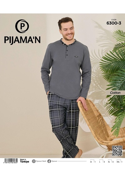 Pijamoni Erkek Pamuklu Düğme Yaka Uzun Kol İnce Pijama Takımı 100/3 - 1 Adet Füme