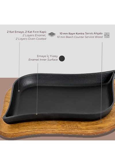 Lava Döküm Dikdörtgen Servis Tabağı Ve Ahşap Altlığı. Ölçü 13x19cm.