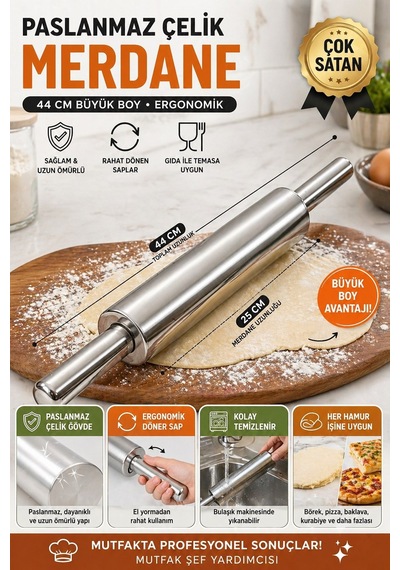44 Cm Paslanmaz Metal Çelik Merdane Ergonomik Kulplu Çelik Profesyonel Hamur Açma Merdanesi