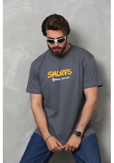 Unisex Basic Bisiklet Yaka Oversize T-shirt - Füme