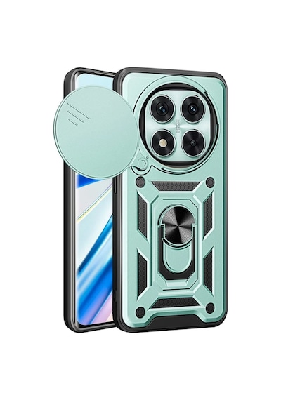 Redmi Note 14 Pro Plus 5G Uyumlu Tank Kılıf Yüzüklü Standlı Extra Koruma Zırhlı Kapak - Yeşil