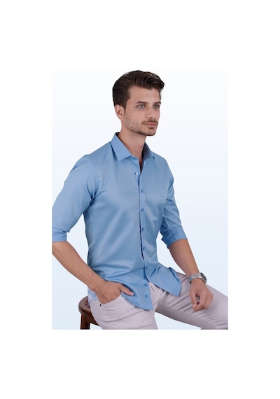 Şeker Mavisi Saten Slimfit Erkek Gömlek Açık Mavi