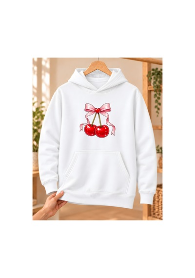 Mor Mürekkep Kadın %100 Pamuk 3 İplik Şardonlu Kalpli Fiyonklu Kiraz Baskılı Kapüşonlu Sweatshirt Beyaz