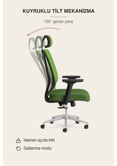 Upstyle Poyraz Başlıklı Fileli Ergonomik Çalışma Koltuğu Yeşil Krom Koltuk 66 125 65 Cm