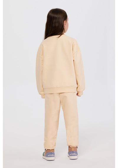 Panço Kız Çocuk Nakış Detaylı Bej Sweatshirt Krem