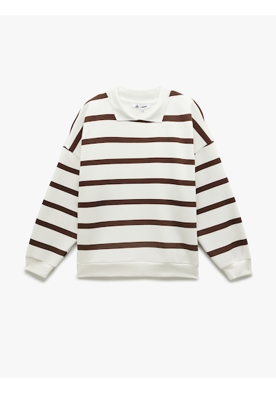 Koton Şardonlu Polo Yaka Çizgili Oversize Sweatshirt Kahverengi Çizgili 6wal10230ık Kahve Çizgili