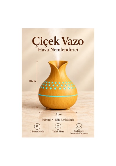 Çiçek Vazo Tasarımlı Hava Nemlendirici Buhar Makinası-aroma Difüzörü Led Işık 300ml