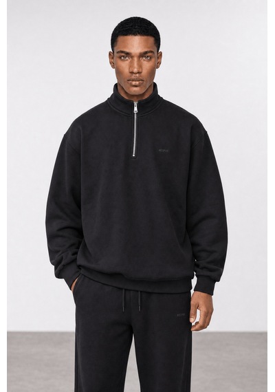 Erkek Respire Basic Half Zip Oversize Sweatshirt Siyah