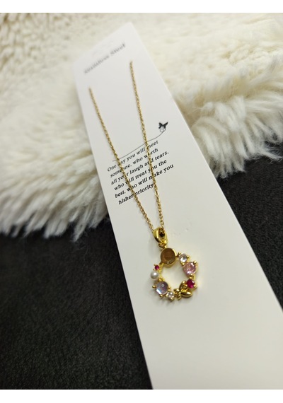 Beren Aksesuar Stainless Steel Zirkon Taşlı Çelenk Çelik Kolye Gold
