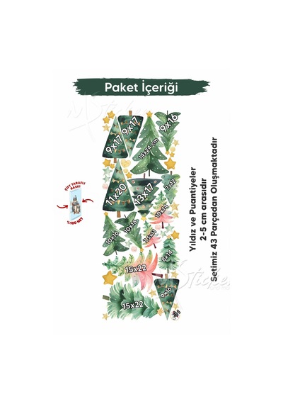 Çift Taraflı Baskılı Yeni Yıl Çam Ağaçları Sticker Seti, Yılbaşı Sticker Süsü Çam Ağaçları Dijital Baskı