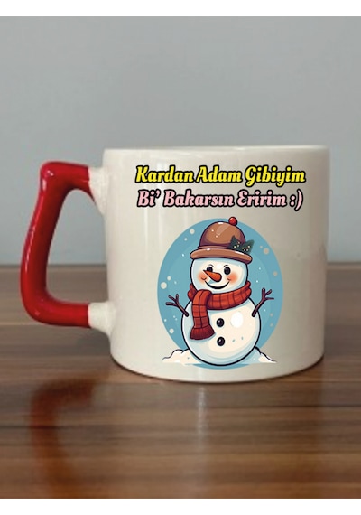 Kardan Adam Gibiyim Bi' Bakarsın Eririm Kırmızı Kulplu Kupa Bardak Beyaz