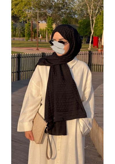 Qalortex Scarf Premium Pamuklu Jakar Şal-siyah