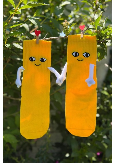 Lousocks Unisex Sarı El Ele Tutuşan Halay Çeken Sevimli Yüz Desenli Soket Çorap