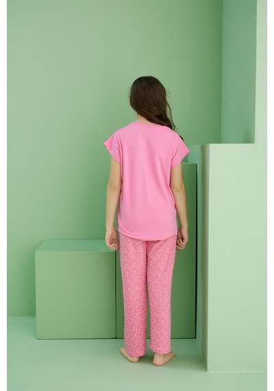 Siyah İnci Pamuklu Bisiklet Yaka Örme Pijama Takım25117079 Pembe