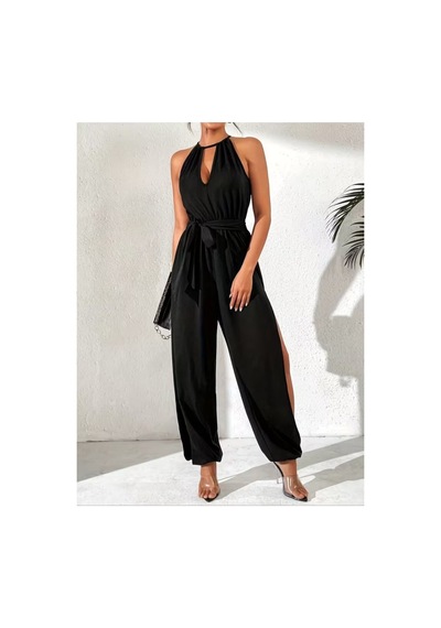 Butik İstanbul Kadın Omuzlardan Açık Damla Detaylı Yandan Yırtmaçlı Belden Kuşaklı Viskon Tulum Siyah