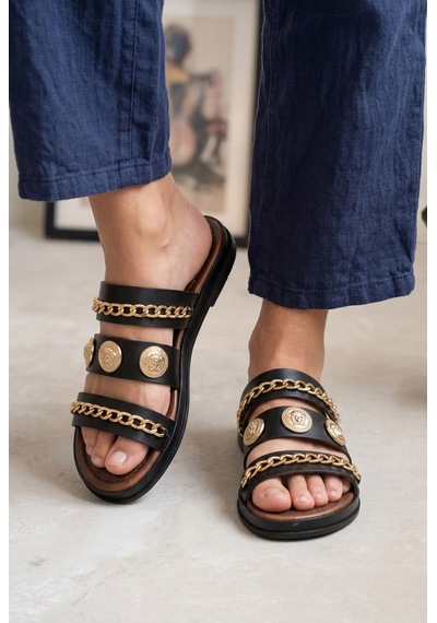 Giamgia Store Kadın Zincir Detaylı Üç Bantlı Rahat Günlük Siyah Terlik-2396