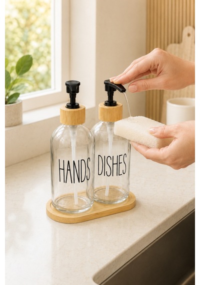 Relly Bambu Standlı İkili Cam Sabunluk Seti 2 X 500 Ml Hands & Dıshes Şeffaf