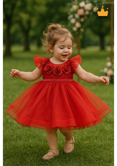 Babyhola 2-8 Yaş Gül Yakalı Grenli Kabarık Tül Kız Bebek Çocuk Abiye Elbise Bayramlık Gelinlik 3502 Kırmızı