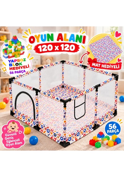 Missidea Çok Renkli Bebek Ve Çocuk Oyun Parkı 120x120 Cm Oyun Matı Ve 56 Parça Yapboz Blok Hediyeli
