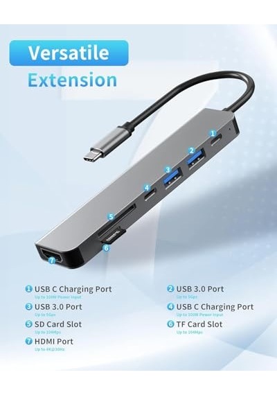 Ayrex C Çoklayıcı Hdmı Ethernet Sd Tf Kart Usb 3.0 2.0 Bağlantı Noktaları 100w Pd Şarj Gümüş