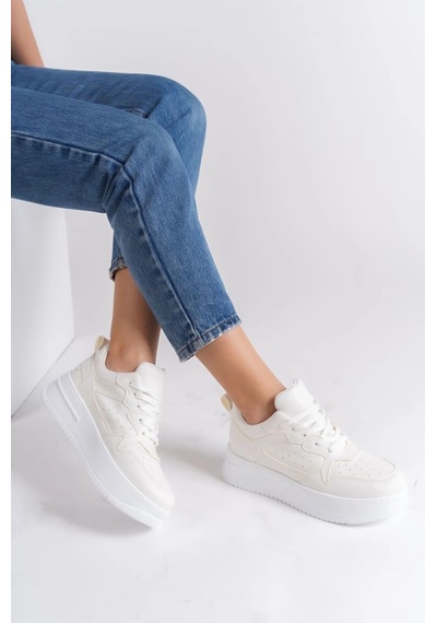 Mevese Avela Kalın Taban Bağcıklı Günlük Kadın Sneaker Beyaz Detaylı Kırık Beyaz