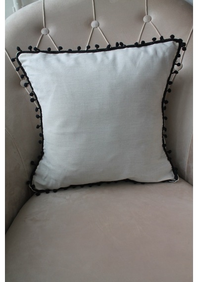 2 Adet Siyah Ponponlu Krem Kırlent Kılıfı 42x42cm