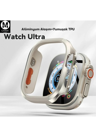 Watch Ultra 49mm Mo-wt3 Alüminyum Camlı Kasa Ekran Koruyucu - Gold