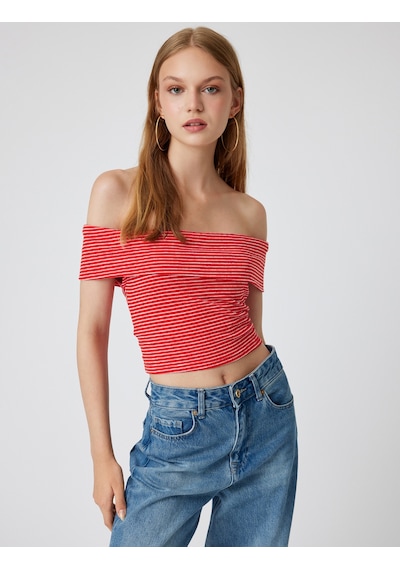 Koton Omzu Açık Üst Kat Detaylı Pamuklu Slim Fit Kırmızı Çizgili 4sak10031pk Kırmızı Çizgili