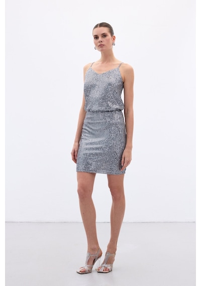 Sateen Payetli Mini Etek - Gri-136650 Gri