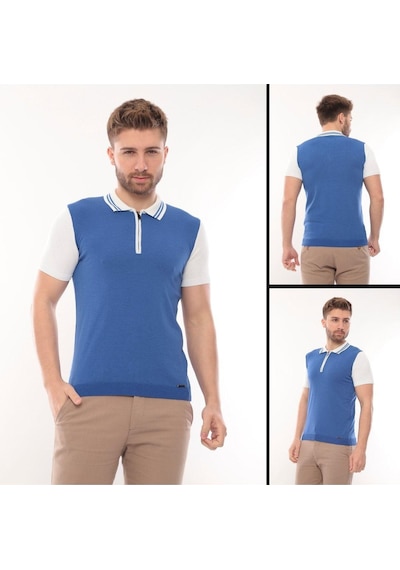 Fore Sport Tişört Kısa Kol Triko Polo Yaka Fermuarlı Saks Beyaz