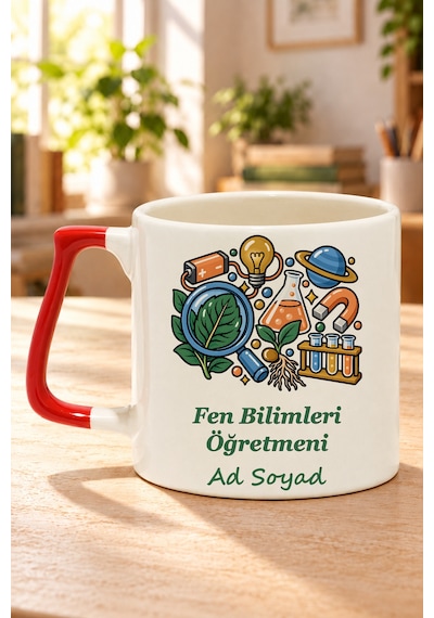 Fen Bilimleri Öğretmeni İsimli Baskılı Kırmızı Kulplu Prime Kupa