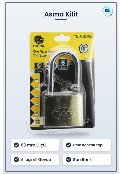 Asma Kilit 63mm Uzun Kancalı Sarı Dayanıklı Alaşımlı Gövde Güvenl