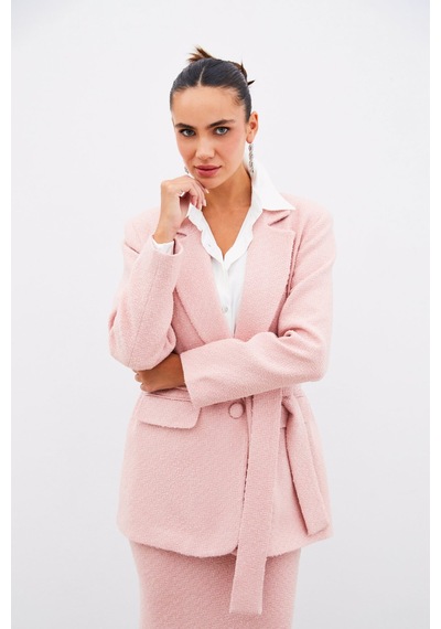 Sateen Kuşaklı Tüvit Ceket - Pudra-135021 Pudra
