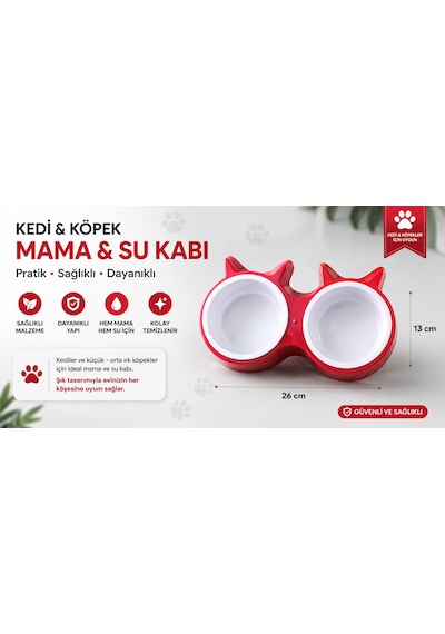 Kedi Kulaklı İkili Mama Ve Su Kabı 26x13 Cm Çift Bölmeli - Kırmızı