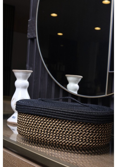 Hasır Jüt Sepet Oval Kapaklı Organizer Düzenleyici 30x20x10 Cm Kırçıl Siyah Kırçıl Siyah